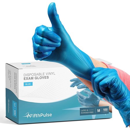 FIFTHPULSE FMN1000, Vinyl Disposable Gloves, 3 mil Palm, Vinyl, Powder-Free, M, 100 PK, Blue FP-V-100-M-BLE